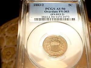 1883-2-Shield-Nickel-PCGS-AU-50-FS-303-FS-013-2-with-Huge-Cud-10d-RARE