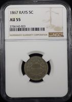 1867 Rays Shield Nickel NGC graded AU 55