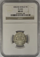 1883/2 5 Cents Shield Nickel, NGC MS63. FS 303. Very Rare