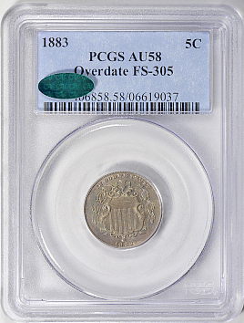 1883 Shield Nickel Overdate FS-305 PCGS AU-58 CAC Online Coin Auction at GreatCollections