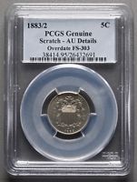 1883/2 Shield Nickel, PCGS Genuine - AU Details - Overdate FS-303 - Scratch
