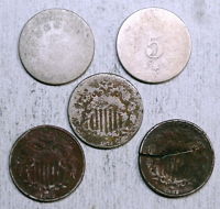 Lot, FIVE Shield Nickels, Cheap Type Coins - Heavily Discounted  0524-09