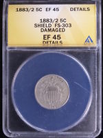 1883/2 5C Overdate FS-303 (013.2) Shield Nickel ANACS EF45 Details