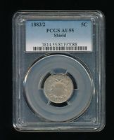 1883/2-P Shield Nickel 5C PCGS AU 55 Type 2 No Rays 1883 Over 1882 RARE KEY DATE