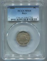 1866 PCGS MS64 SHIELD NICKEL WITH RAYS FREE SHIPPING