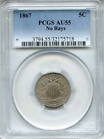 1867 No Rays Shield Nickel PCGS AU55 ~ 5c (32175718)