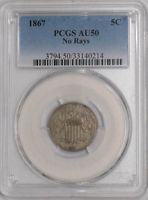 1867 Shield Nickel 5c No Rays AU50 PCGS 