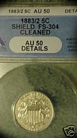 1883/2 Shield Nickel Anacs Au-50 Key Date