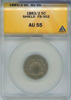 1883/2 Shield Nickel ANACS Certified AU 55 - FS-302 5C - Rare Over date - JF302