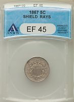 1867 RAYS Shield Nickel 5C ANACS EF 45