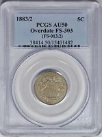 1883/2 Shield Nickel Overdate FS-303 PCGS AU50 - Key Date.
