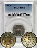 1870 Shield Nickel 5c PCGS PR65 Color Toning